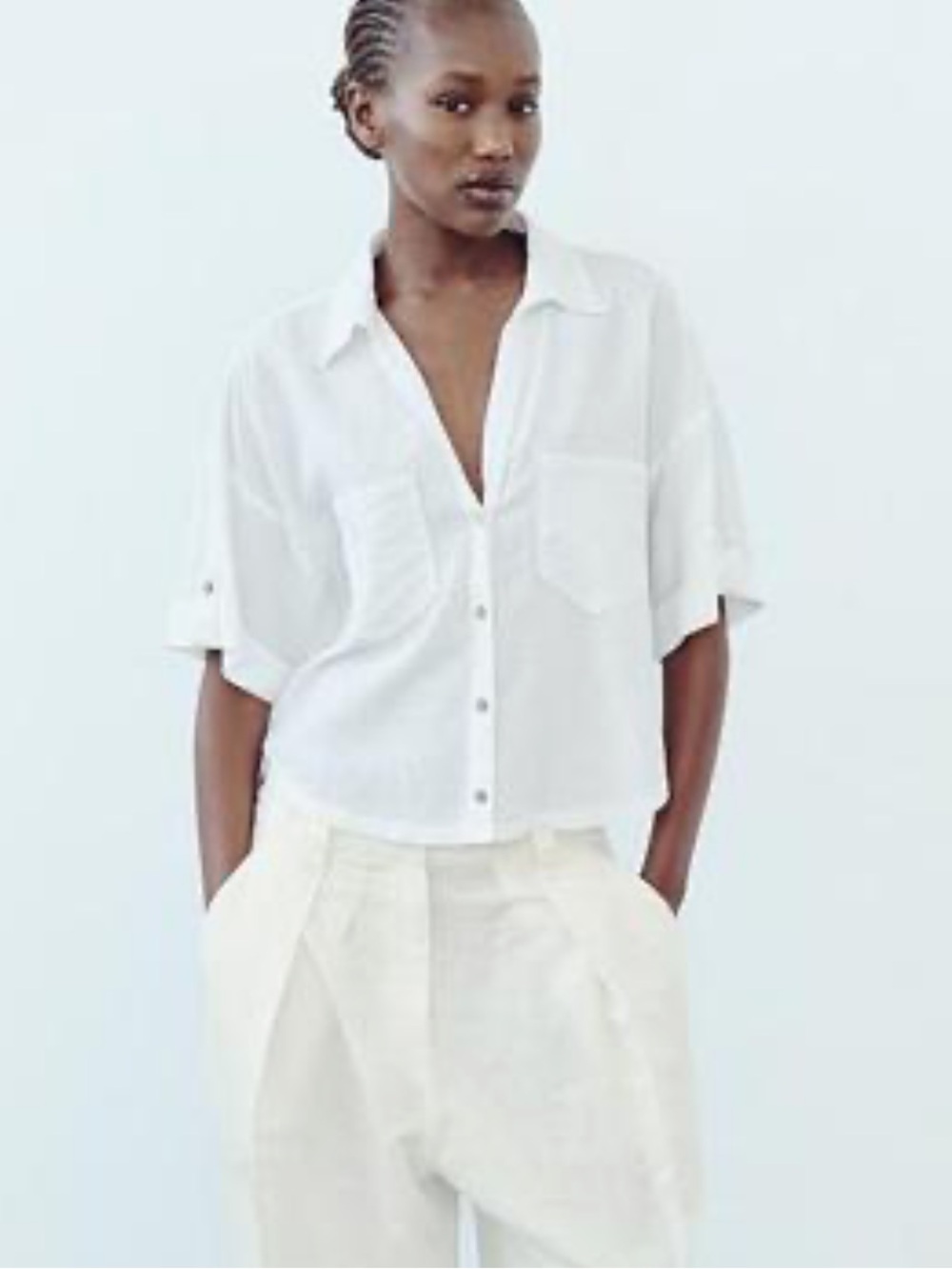 Zara linen blend button up short sleeve top